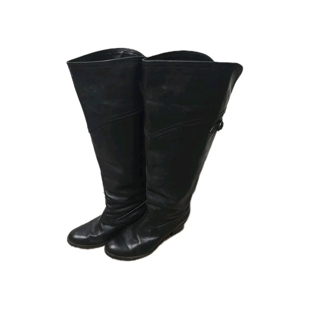 Frye Jane Tall Cuff Boots Black Leather Over Knee Riding Fold Down Womens Sz 10